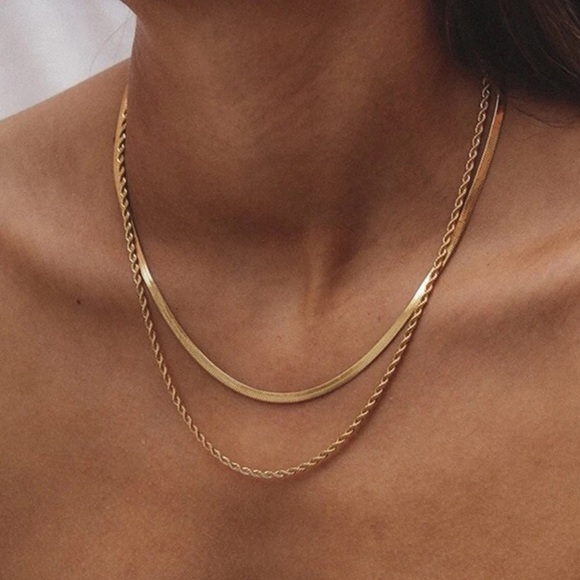 Double layered gold chain necklace twist chain flat chain - Picture 1 of 2